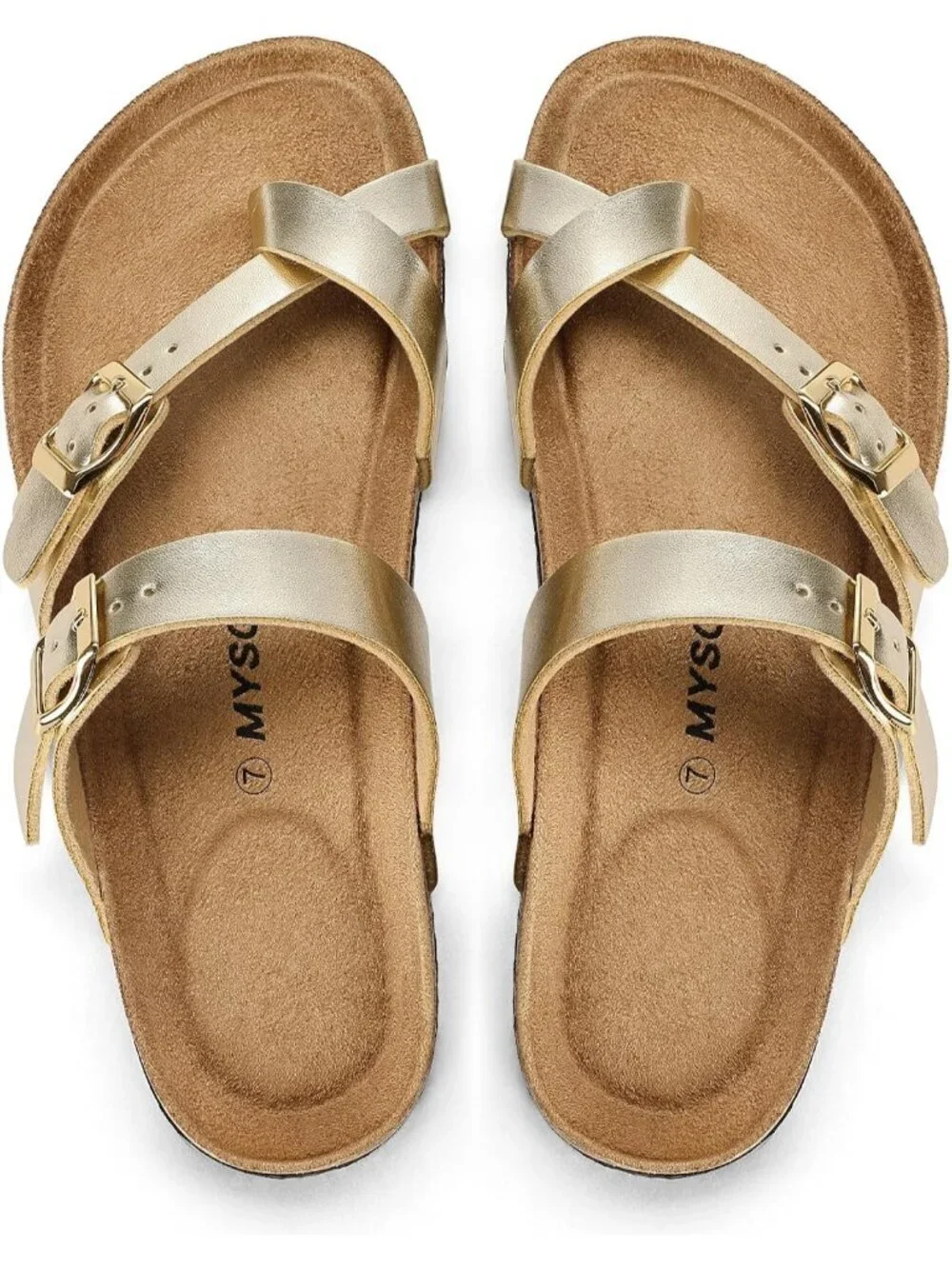 Women's Gold Double Adjustable Buckle Slide Cork Footbed Slip On Sandal Shoes